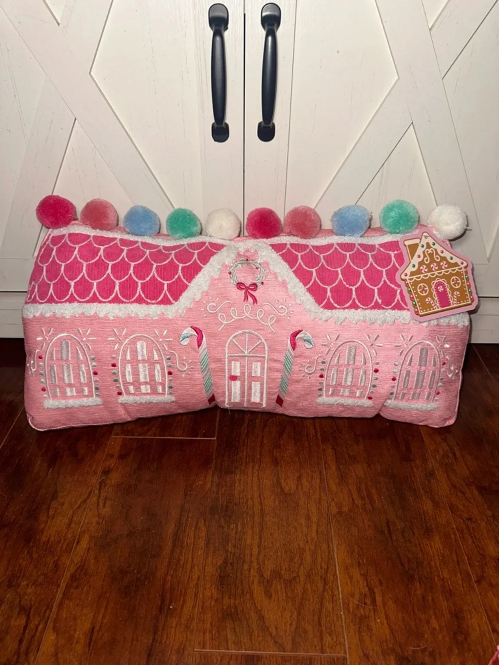 Festive Pink Gingerbread House Decorative Holiday Pillow
